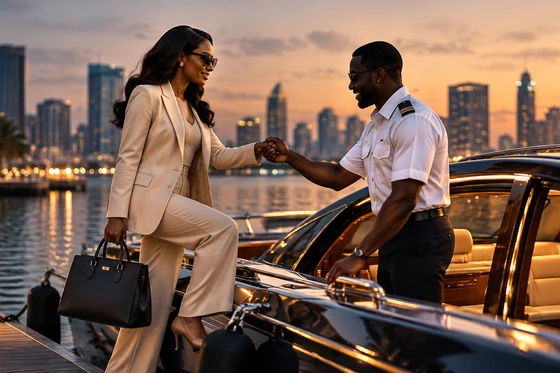 A passenger being helped aboard a boat at a marina at sunset