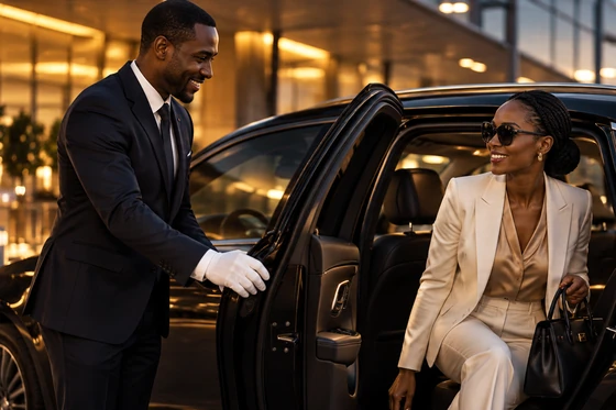 A chauffeur opening the car door for a passenger at an airport