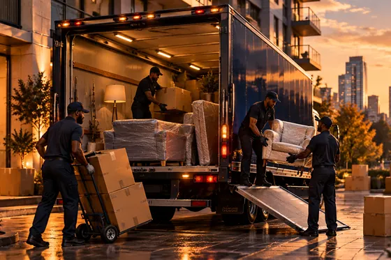 A removal crew carrying wrapped furniture from a truck to a new home at sunset