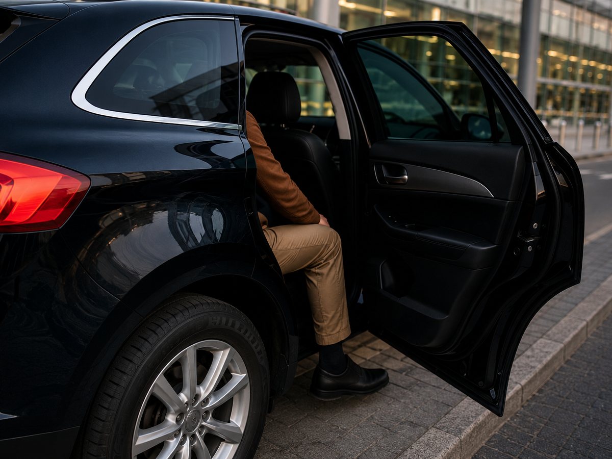 A rider getting into a RideArrivo vehicle